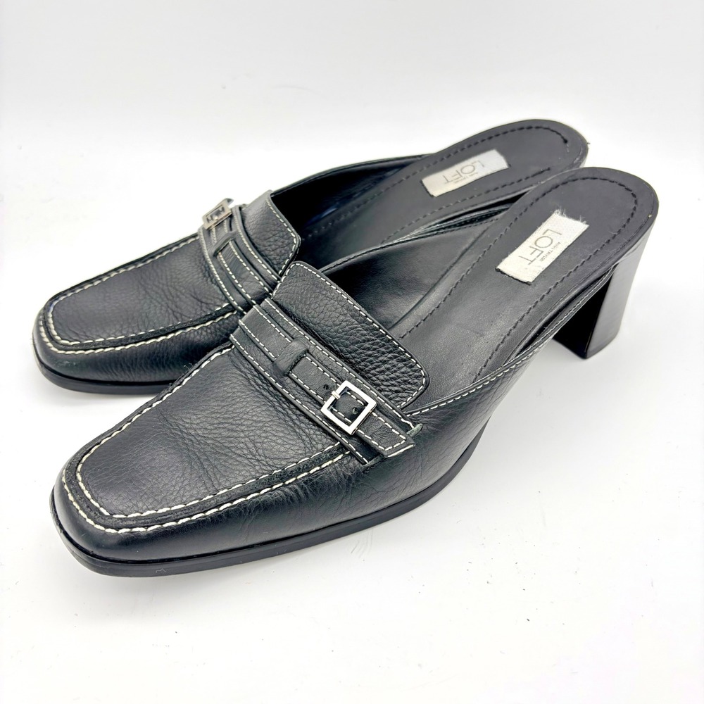 Ann Taylor Loft Black Leather Buckle Loafer Mules Square Toe Brazil W7 90s Y2K